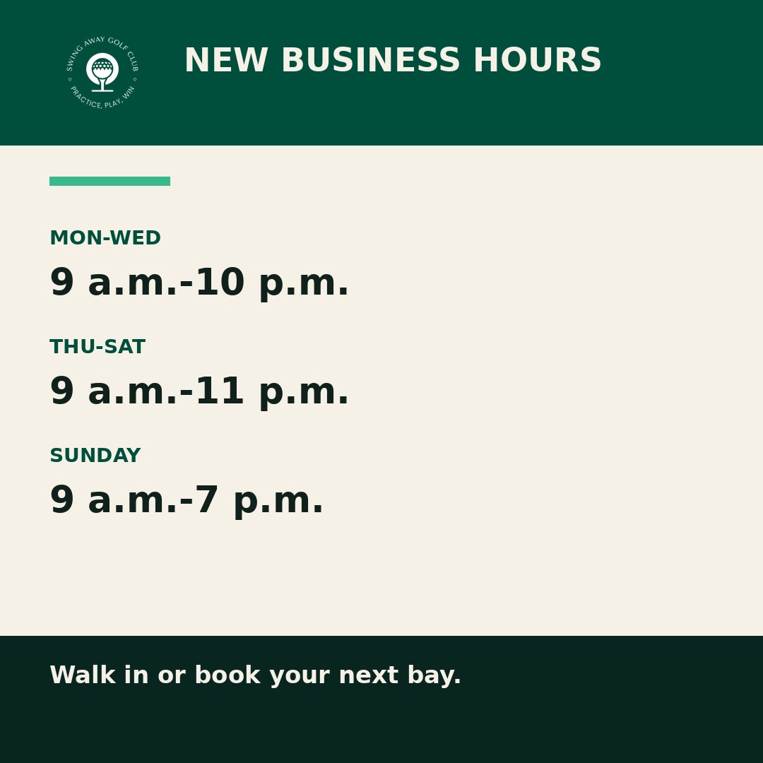 New business hours: Monday to Wednesday 9 a.m. to 10 p.m., Thursday to Saturday 9 a.m. to 11 p.m., Sunday 9 a.m. to 7 p.m.